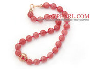 14mm Round Faceted Cherry Quartz Beaded Knotted Necklace with Golden R