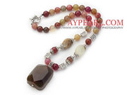 Three Colored Jade Necklace with Agate Pendant and Tibet Silver 